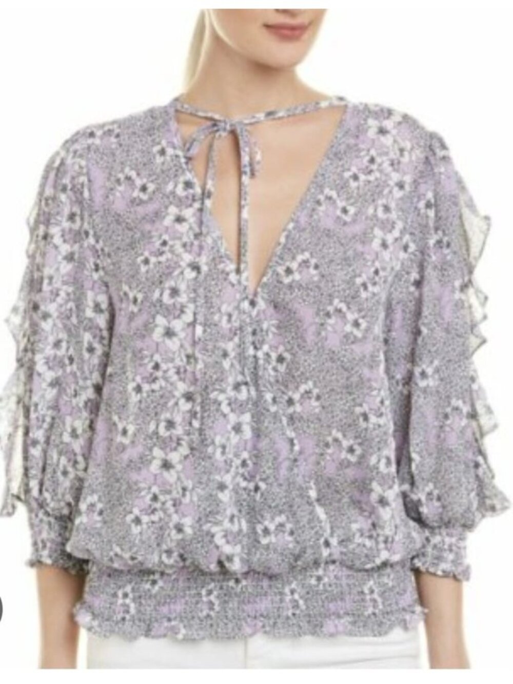 Parker Elosia Blouse Womens M Lavender Floral Tie Neck Smocked Waist